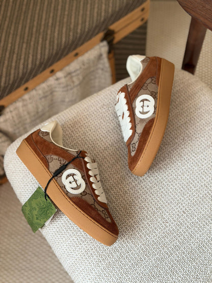 Gucci GG Canvas Sneakers - Brown Suede & Beige, Brown & Beige
