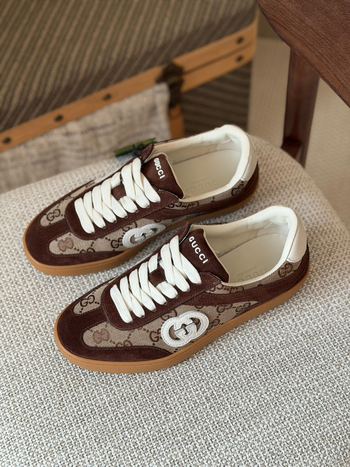 Gucci GG Canvas Sneakers - Brown Suede & Beige, Brown & Beige