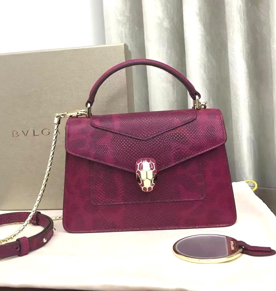 Bulgari Top Handle Shoulder Bag - Burgundy Snake Print