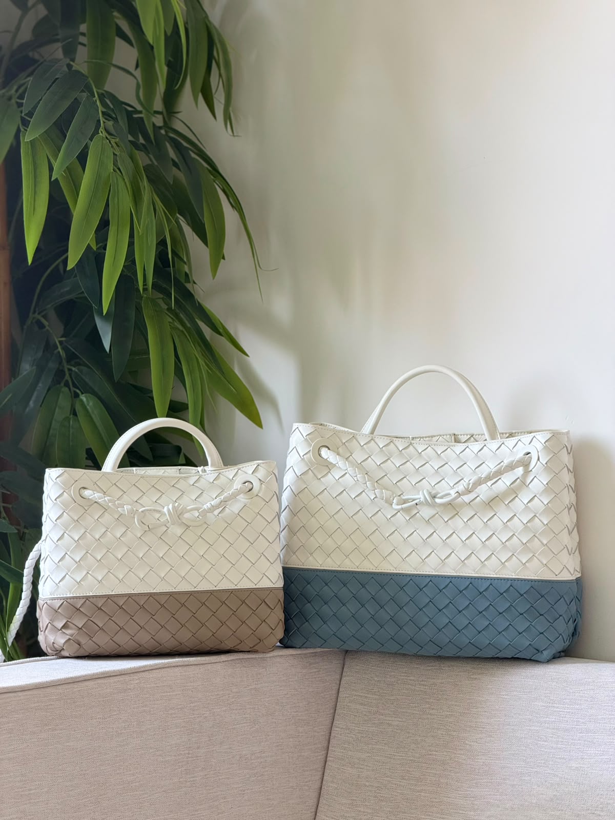 Bottega Veneta Woven Tote Bag - White, Beige, Blue