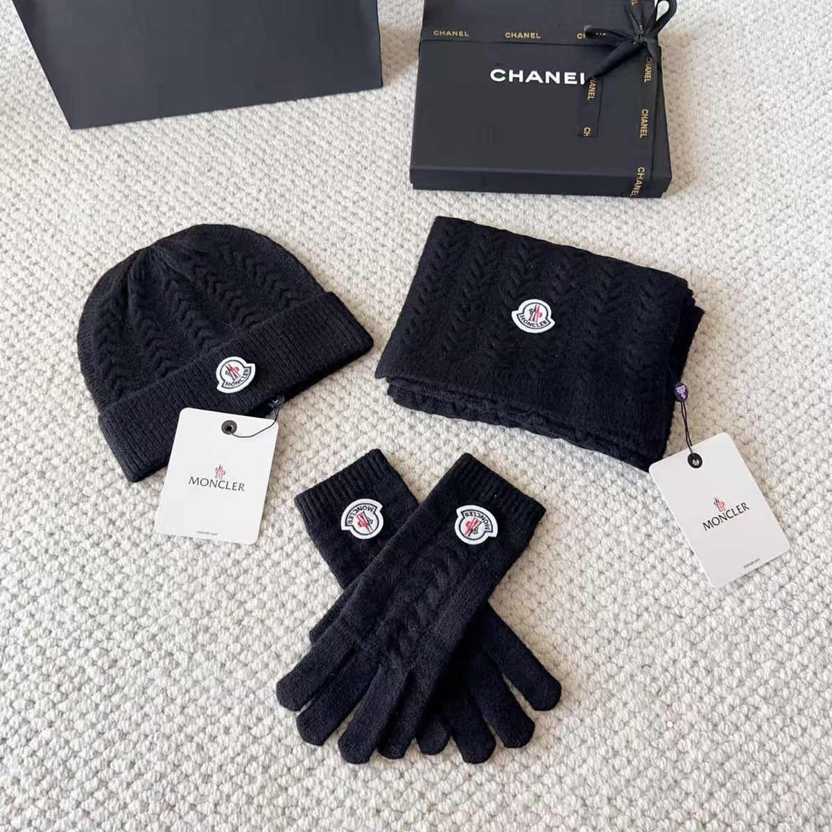 Moncler Scarf & Beanie - Cream & Black & Beige & Grey