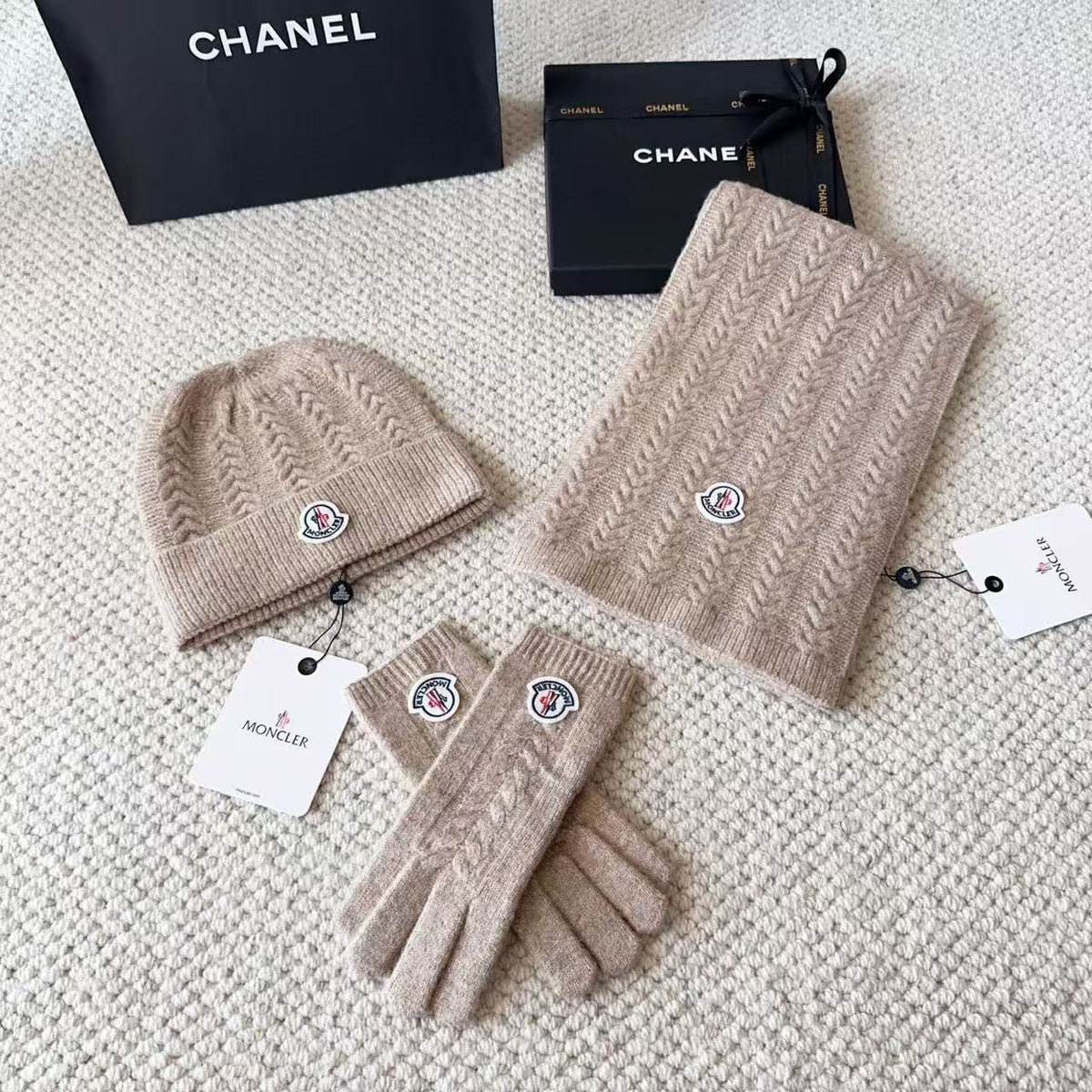 Moncler Scarf & Beanie - Cream & Black & Beige & Grey