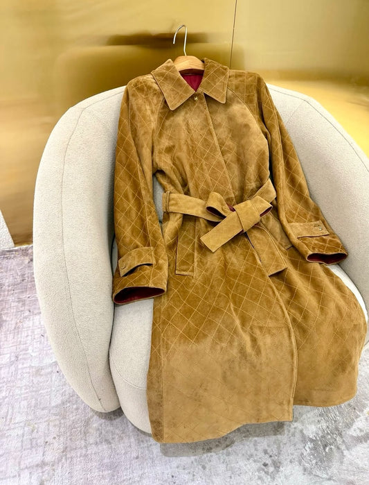 Chanel Coat Quilted Suede - Beige Suede