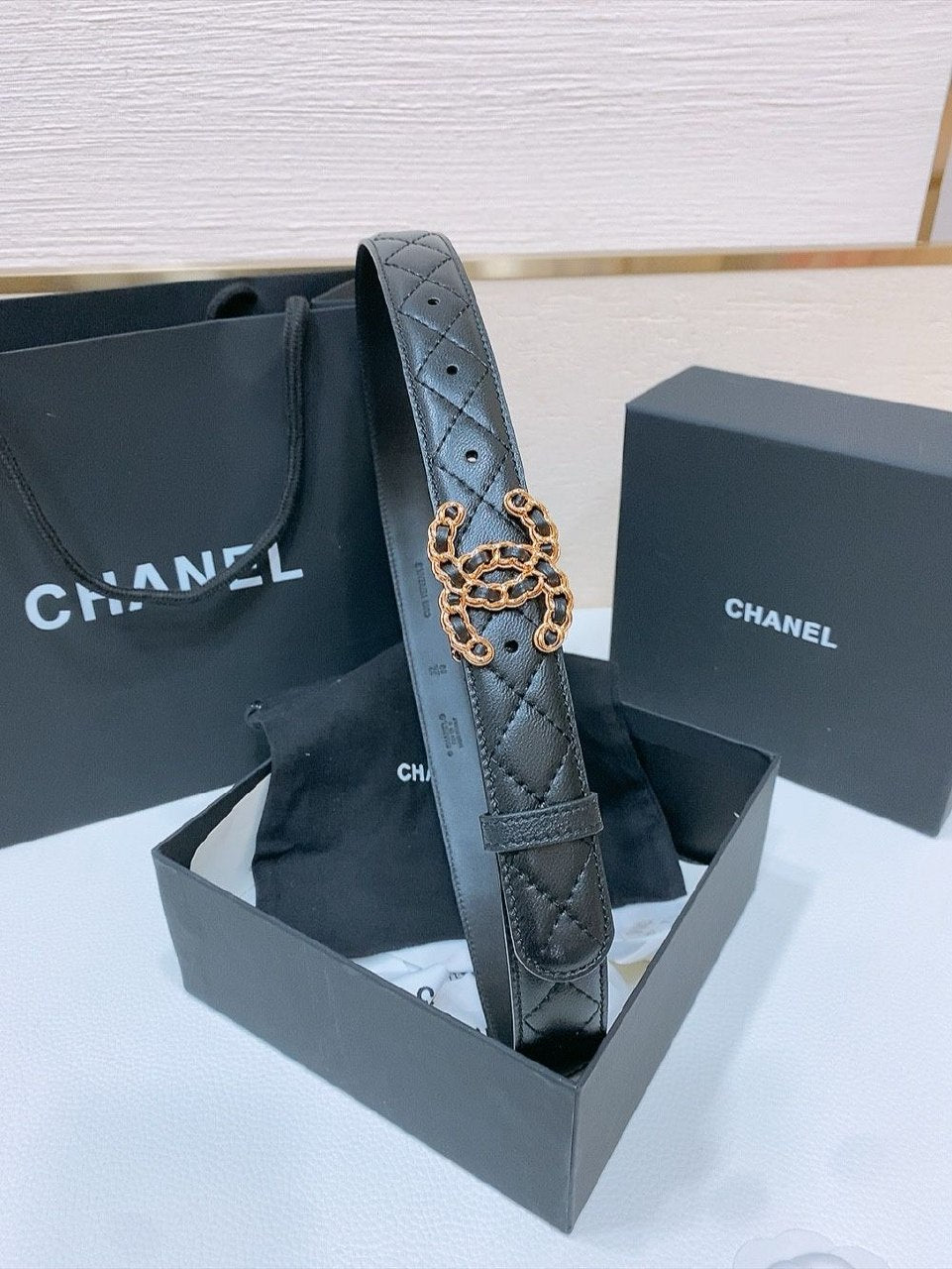 Chanel Quilted Chain Logo Belt - Black