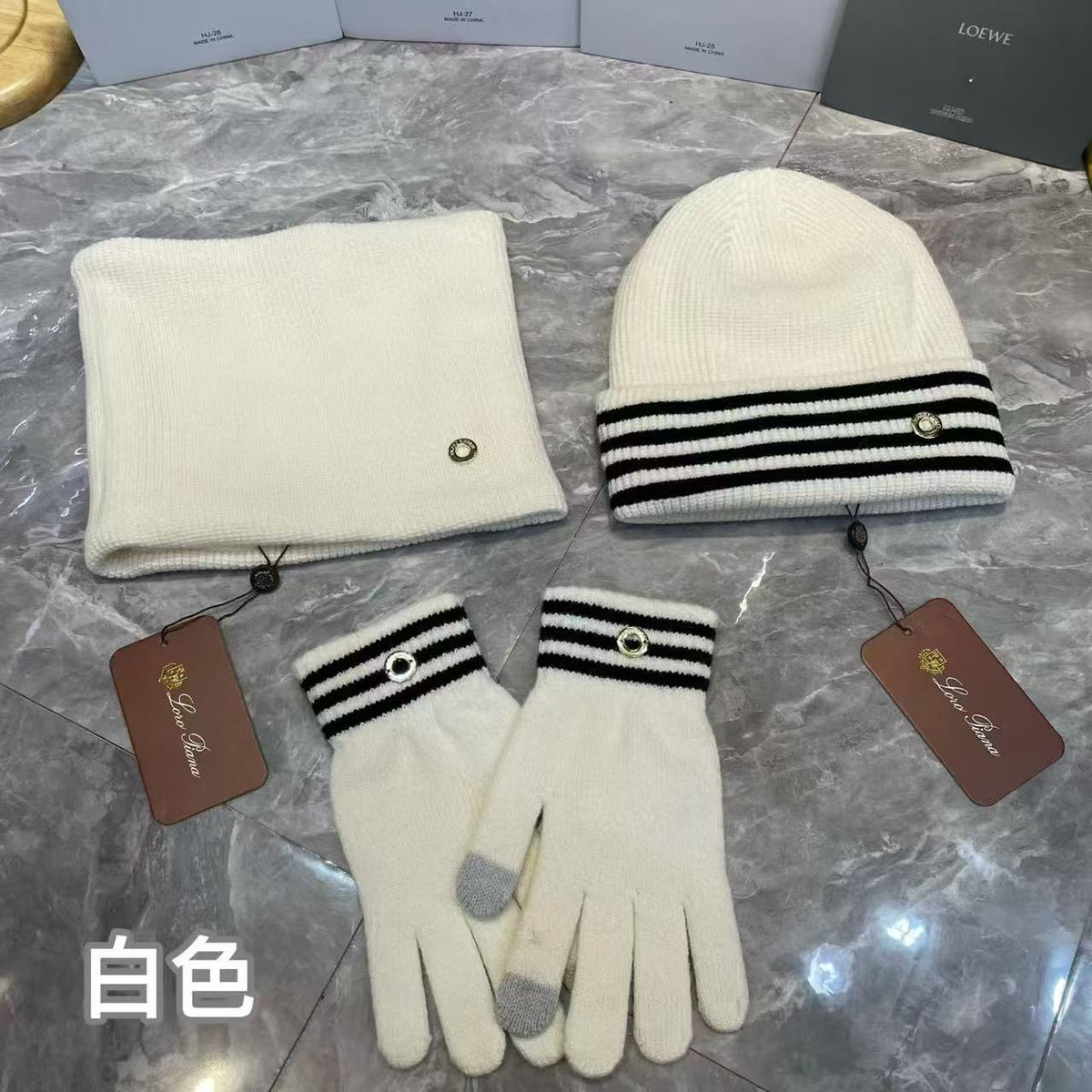 Loro Piana Scarf & Beanie - Off White & Black