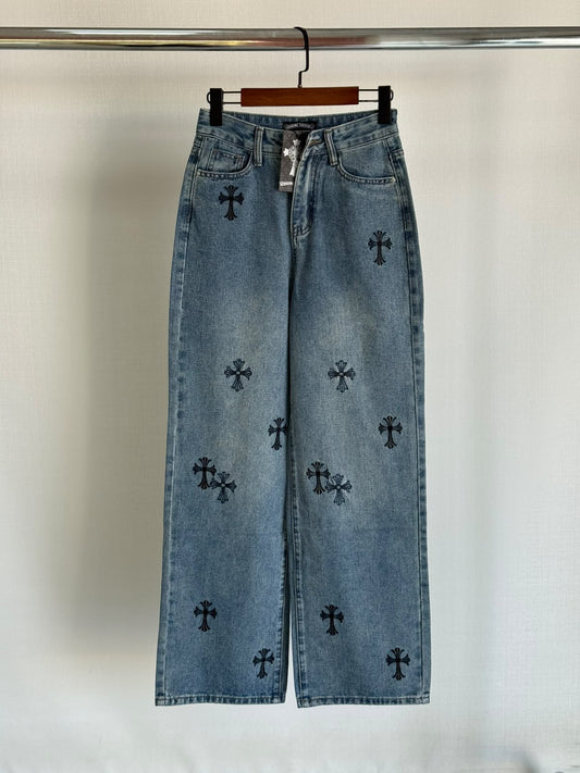 Chrome Hearts Jeans Pants Cross Embroidered - Blue