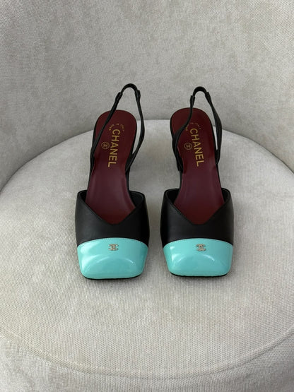 Chanel Square-Toe Slingback Heels - Black & Light Blue
