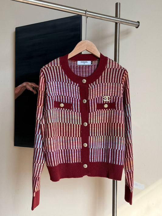 Chanel Geometric Pattern Cardigan - Burgundy