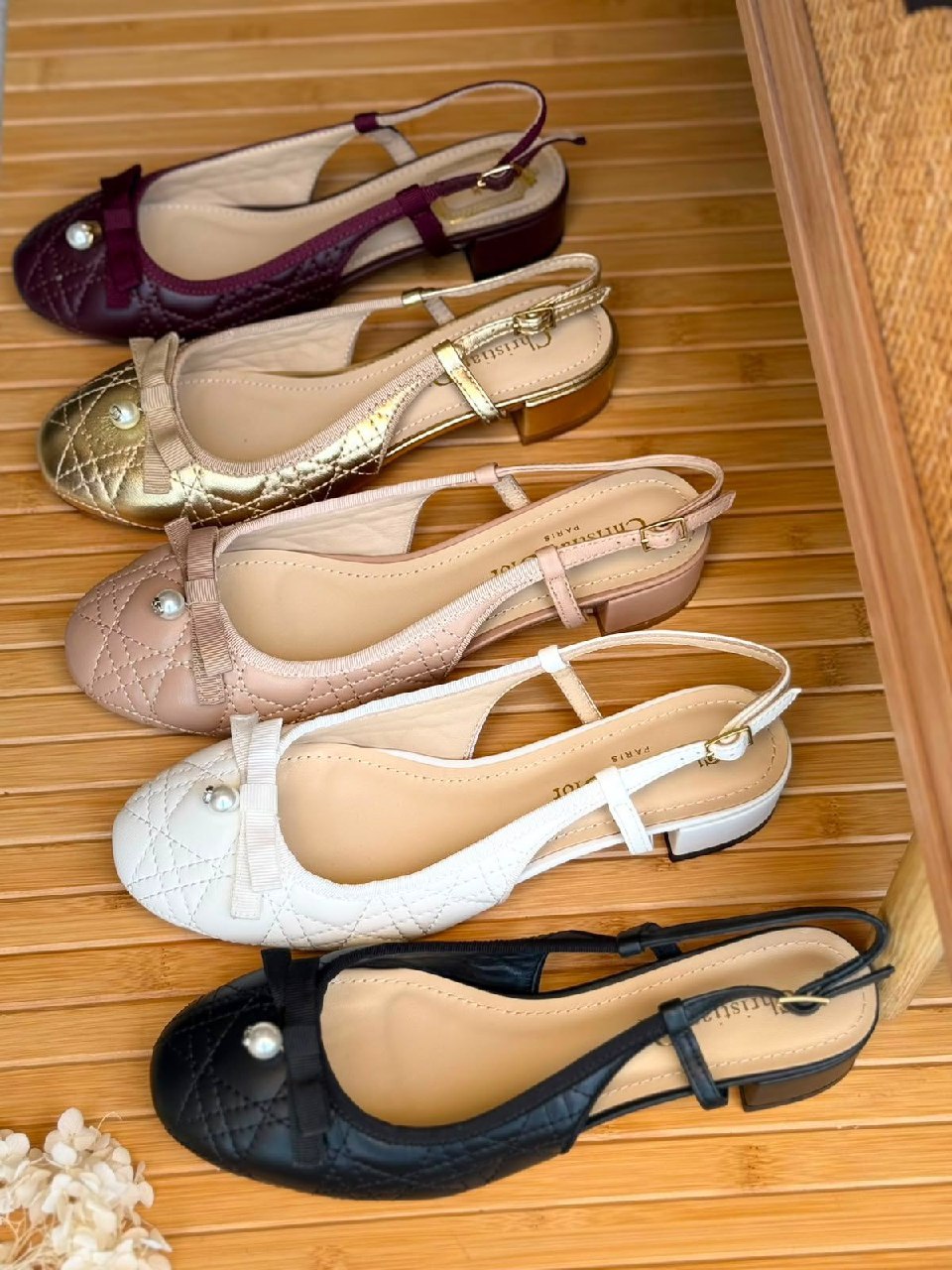 Dior Quilted Pearl Heels - Burgundy, Gold, White, Black, Beige