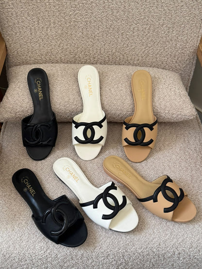 Chanel CC Logo Slippers - Beige & Black, White & Black, Black