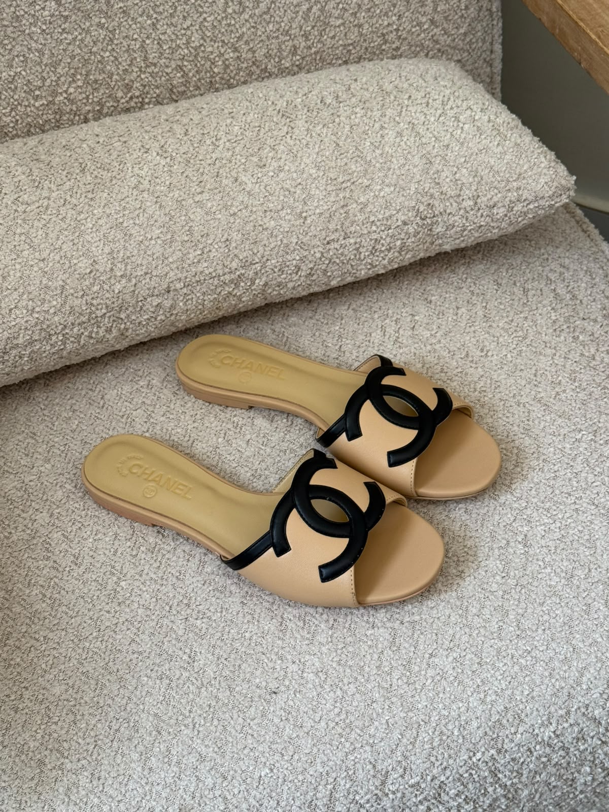 Chanel CC Logo Slippers - Beige & Black, White & Black, Black