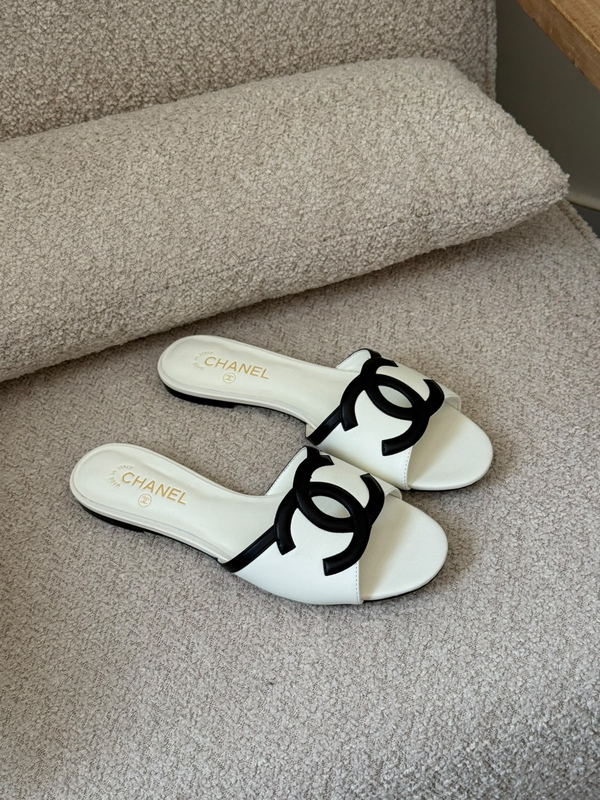 Chanel CC Logo Slippers - Beige & Black, White & Black, Black