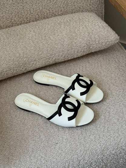 Chanel CC Logo Slippers - Beige & Black, White & Black, Black