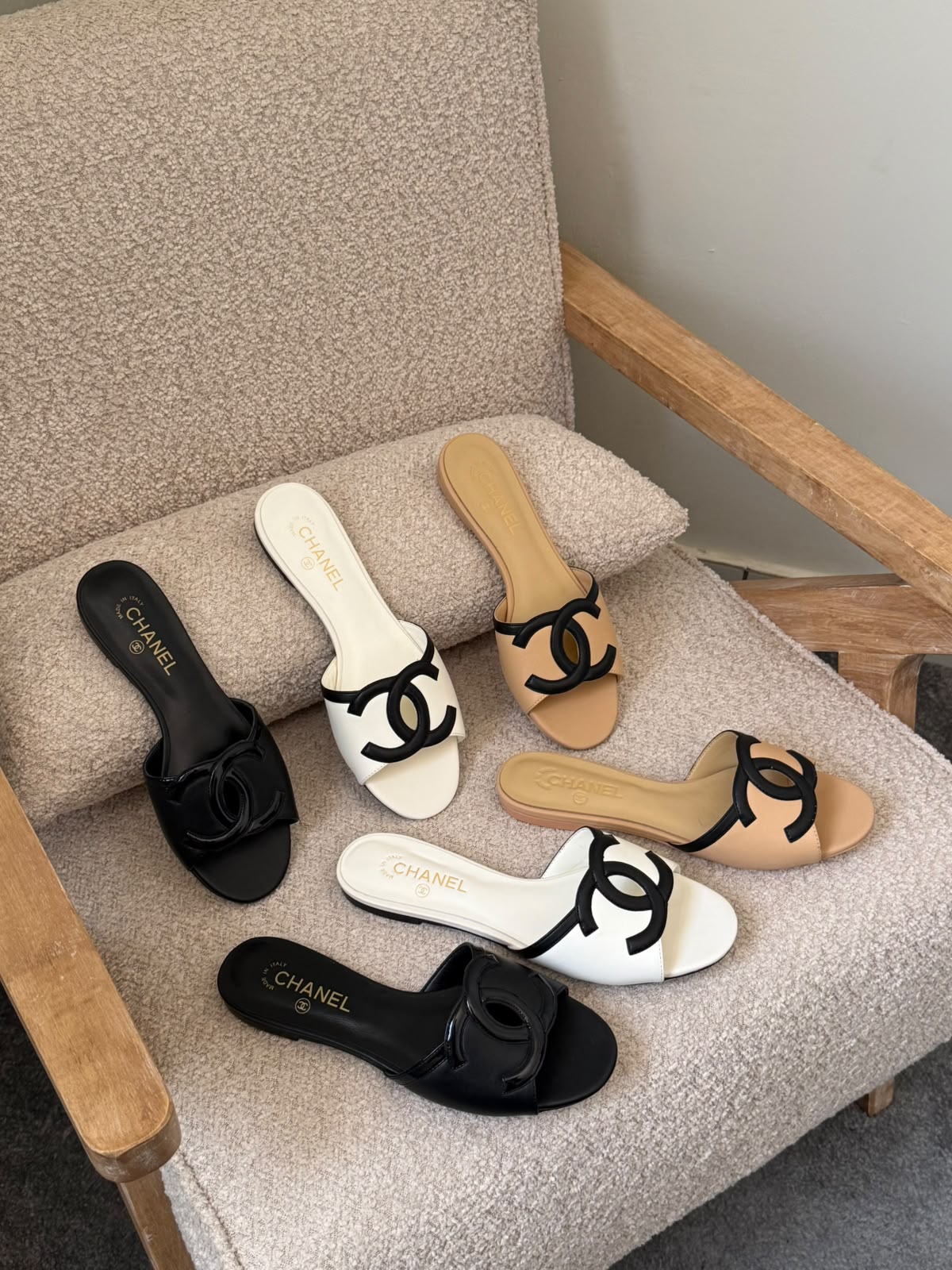 Chanel CC Logo Slippers - Beige & Black, White & Black, Black