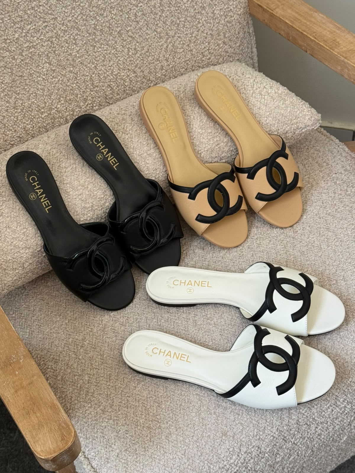 Chanel CC Logo Slippers - Beige & Black, White & Black, Black
