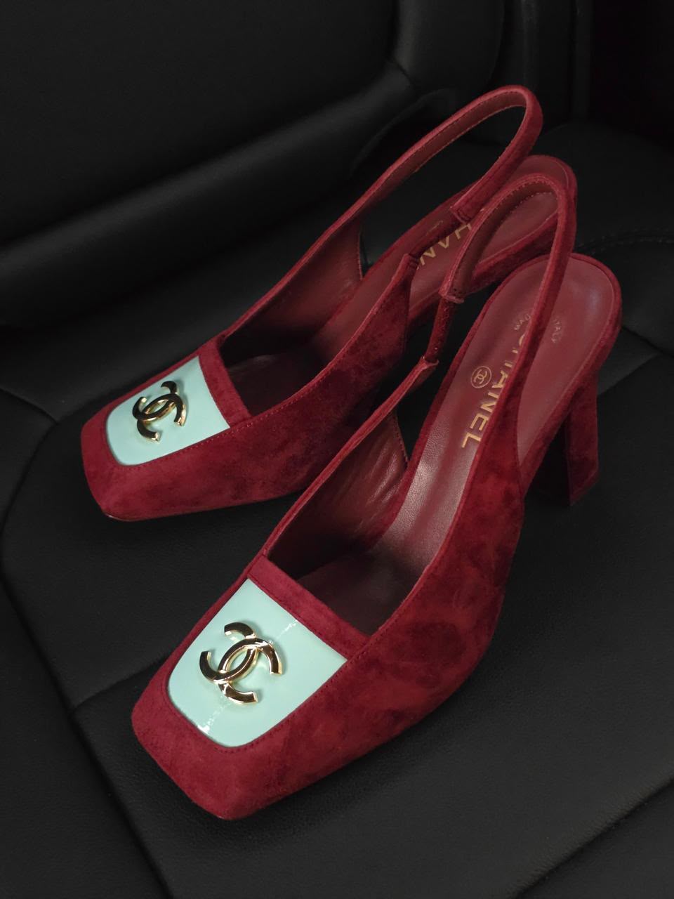 Chanel Slingback Heels - Burgundy & Light Blue