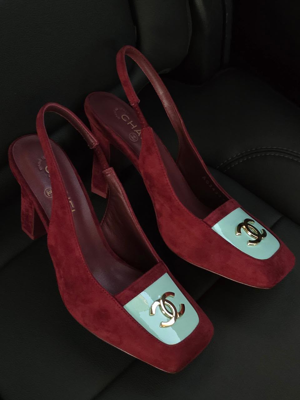 Chanel Slingback Heels - Burgundy & Light Blue