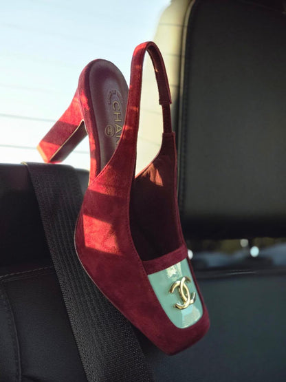 Chanel Slingback Heels - Burgundy & Light Blue