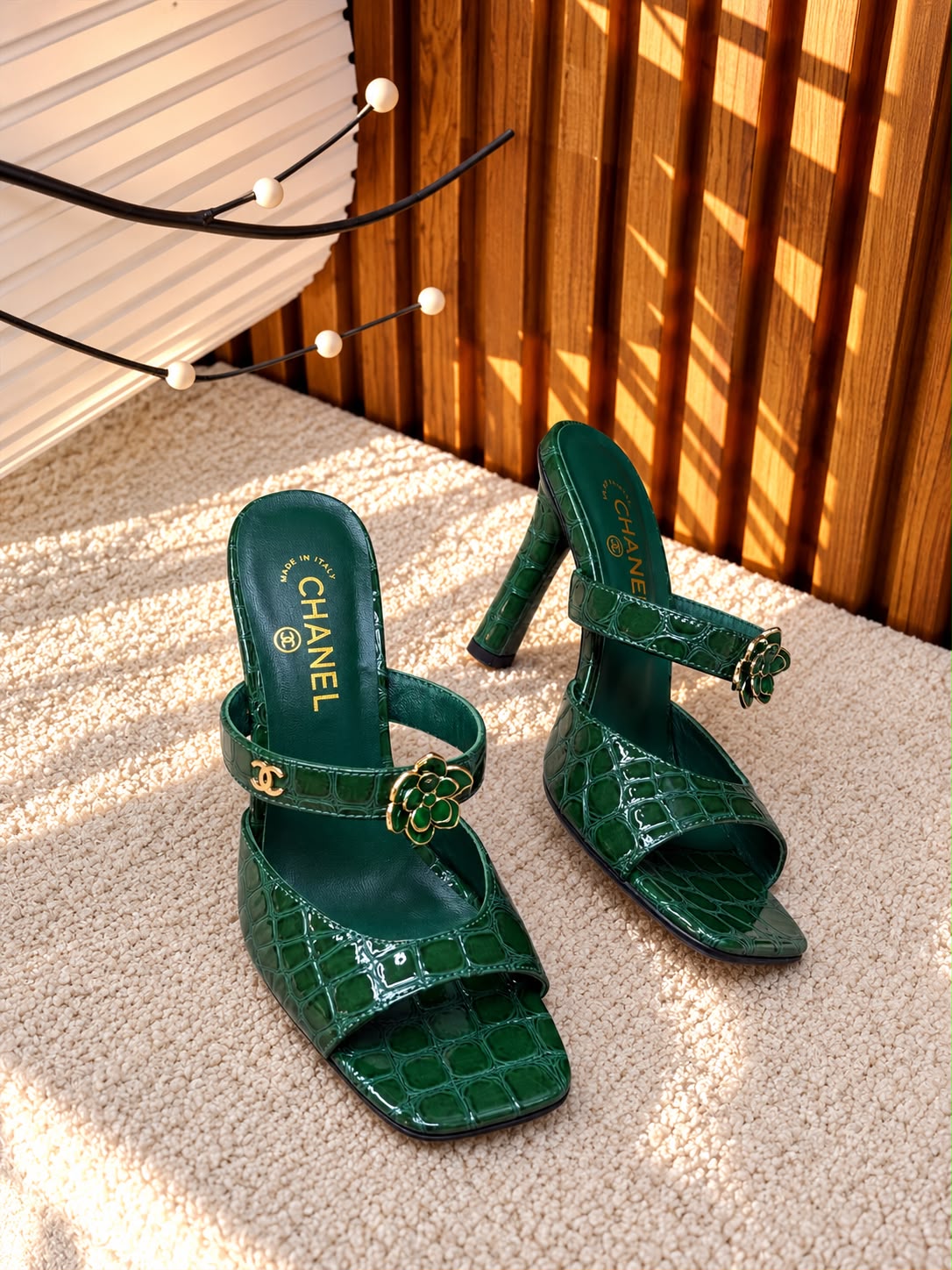 Chanel Flower Strap Sculpted Heels - Green Embossed