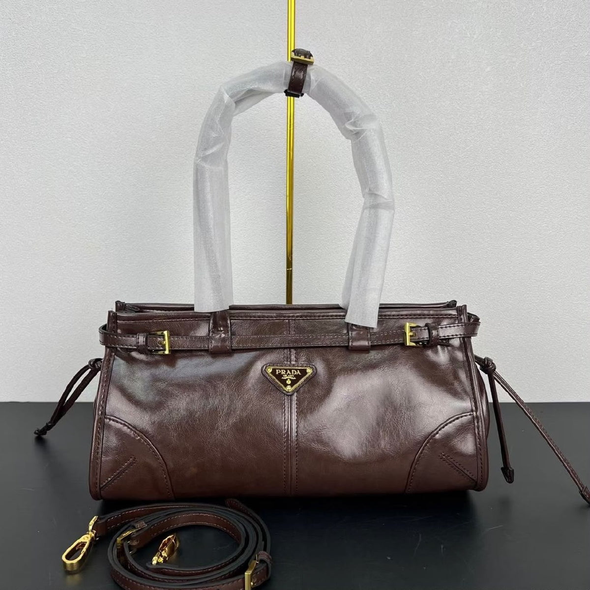Prada Belted Tote Bag - Dark Brown