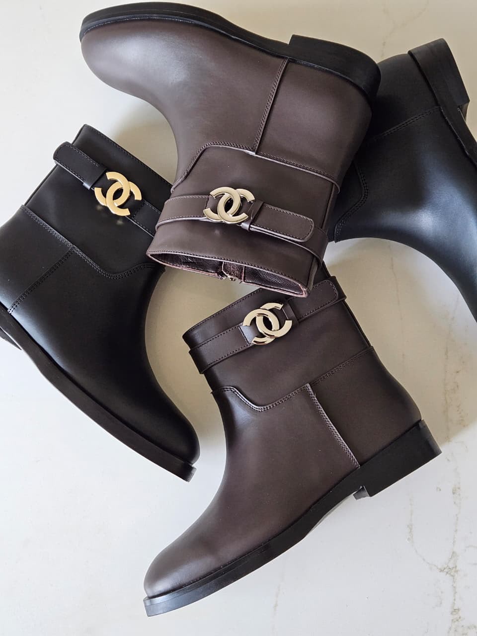 Chanel Buckle-Strap Ankle Boots - Black, Brown