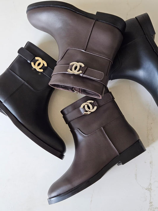 Chanel Buckle-Strap Ankle Boots - Black, Brown