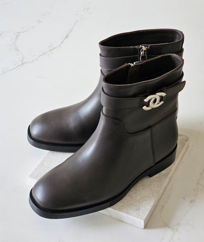 Chanel Buckle-Strap Ankle Boots - Black, Brown