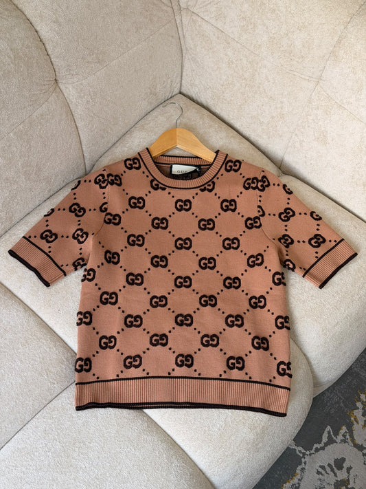 Gucci Diamond-Pattern Knitted T-Shirt - Brown
