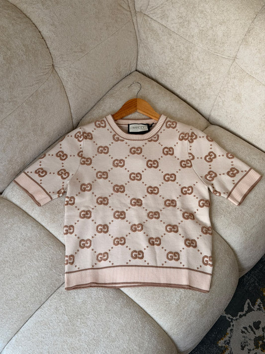 Gucci Diamond-Pattern Knitted T-Shirt - Beige