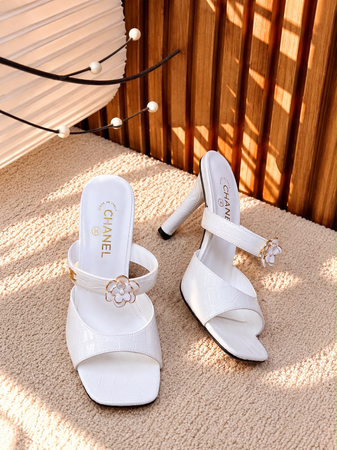 Chanel Flower Strap Sculpted Heels - White Embossed