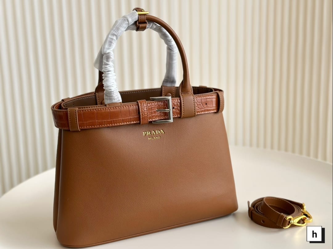 Prada Belt-Detail Handbag - Brown Embossed