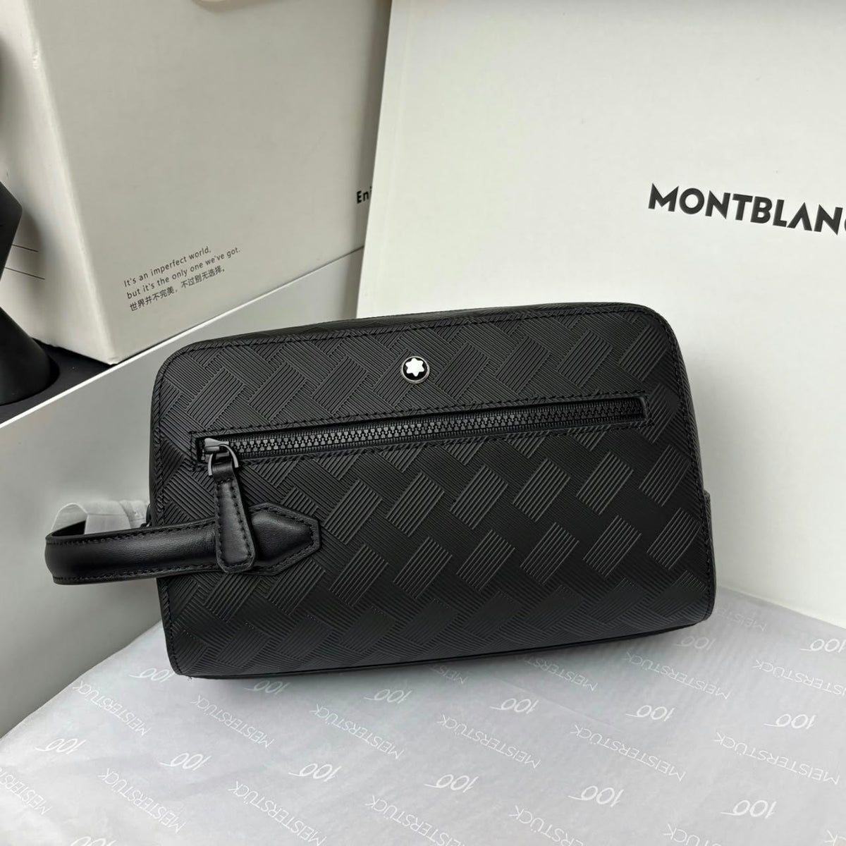 Montblanc Linear Pattern Wash Bag - Black Embossed