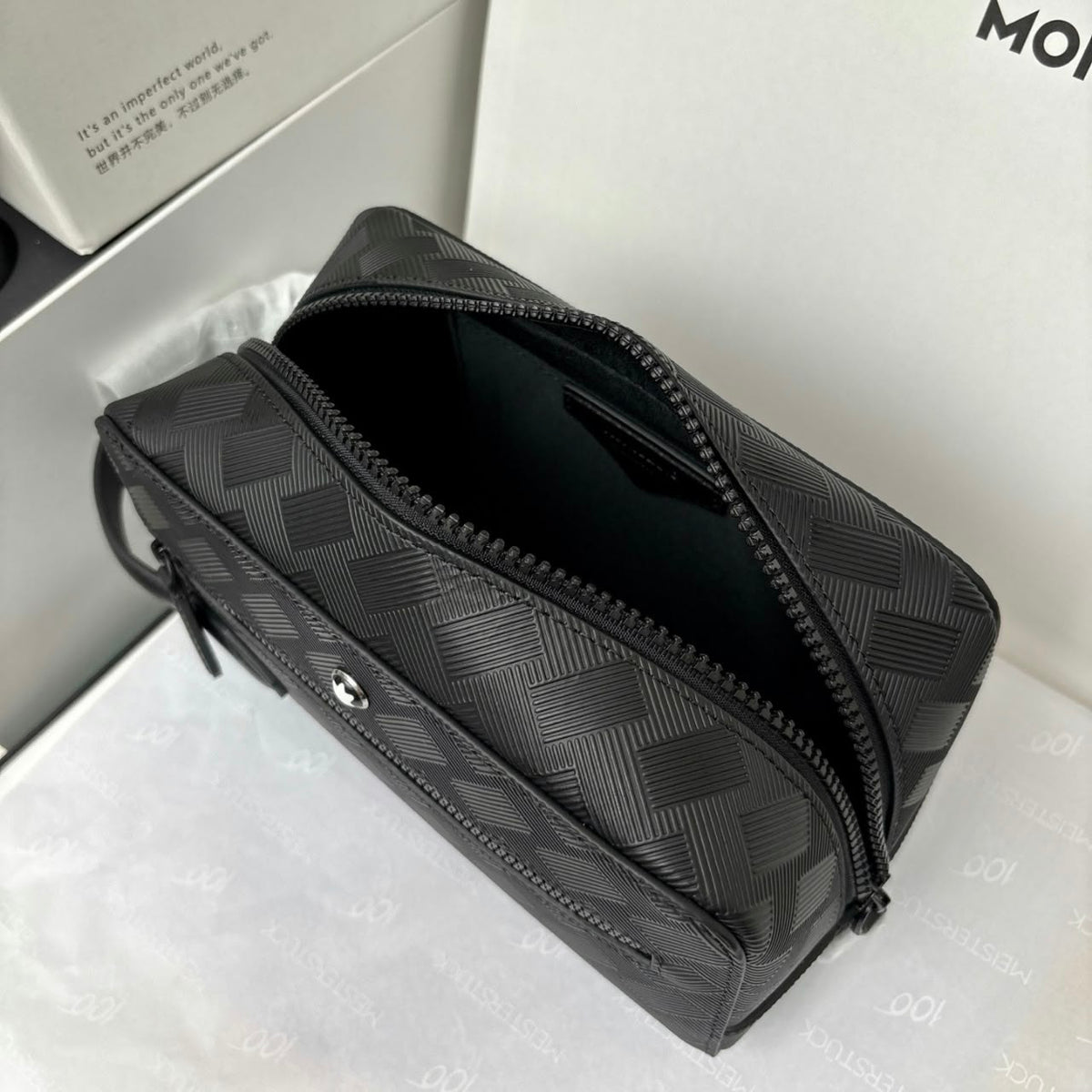 Montblanc Linear Pattern Wash Bag - Black Embossed