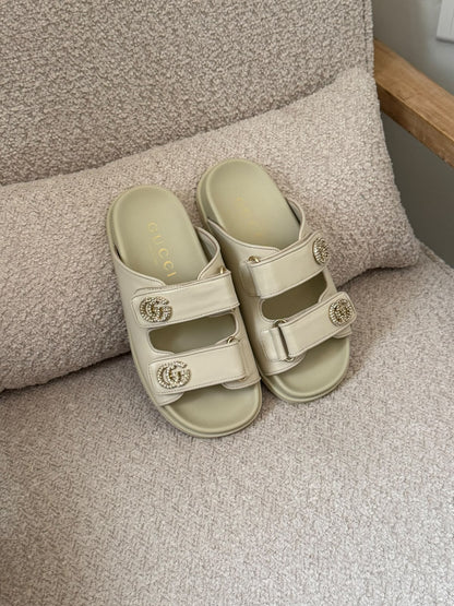 Gucci Twin-Band Slippers - White, Black