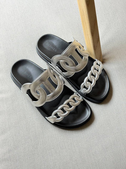 Hermes Slipper - Black, Silver