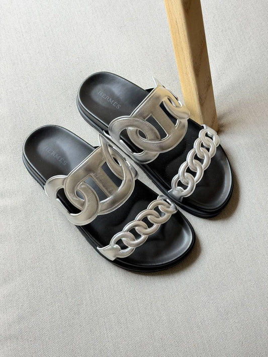 Hermes Slipper - Black, Silver