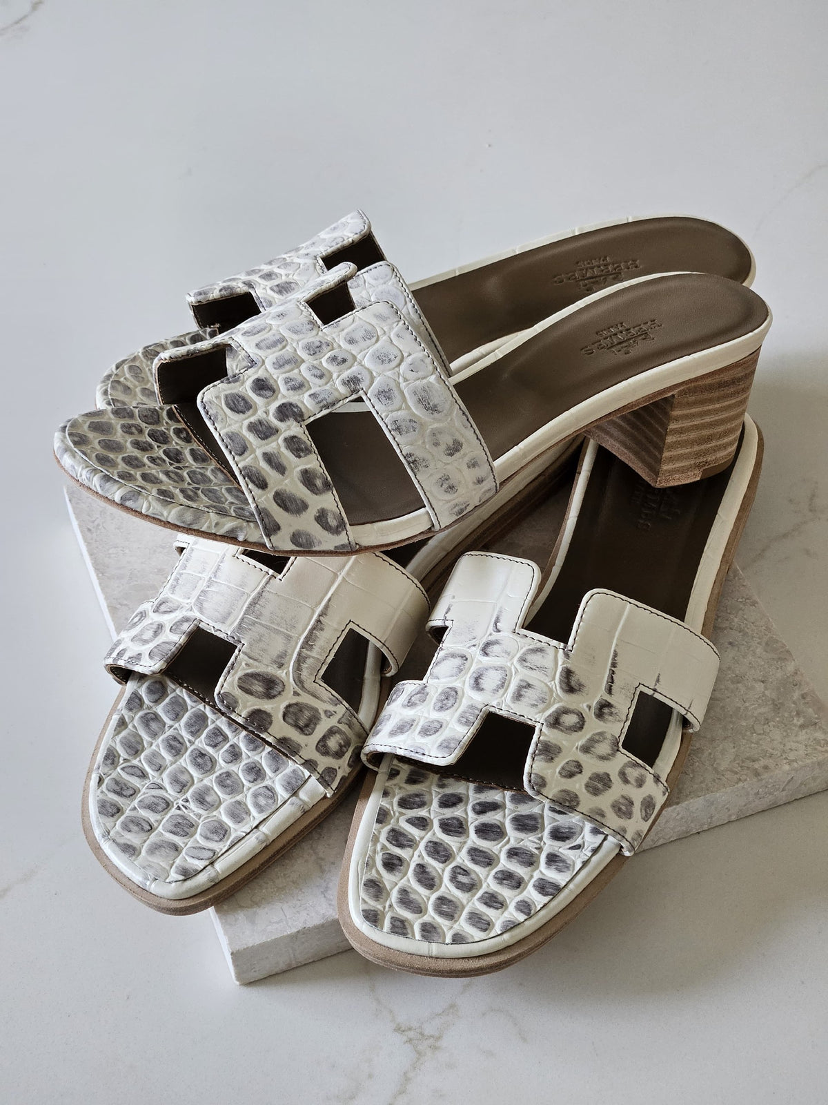 Hermes H-Strap Block Heels - White & Grey Snake Print