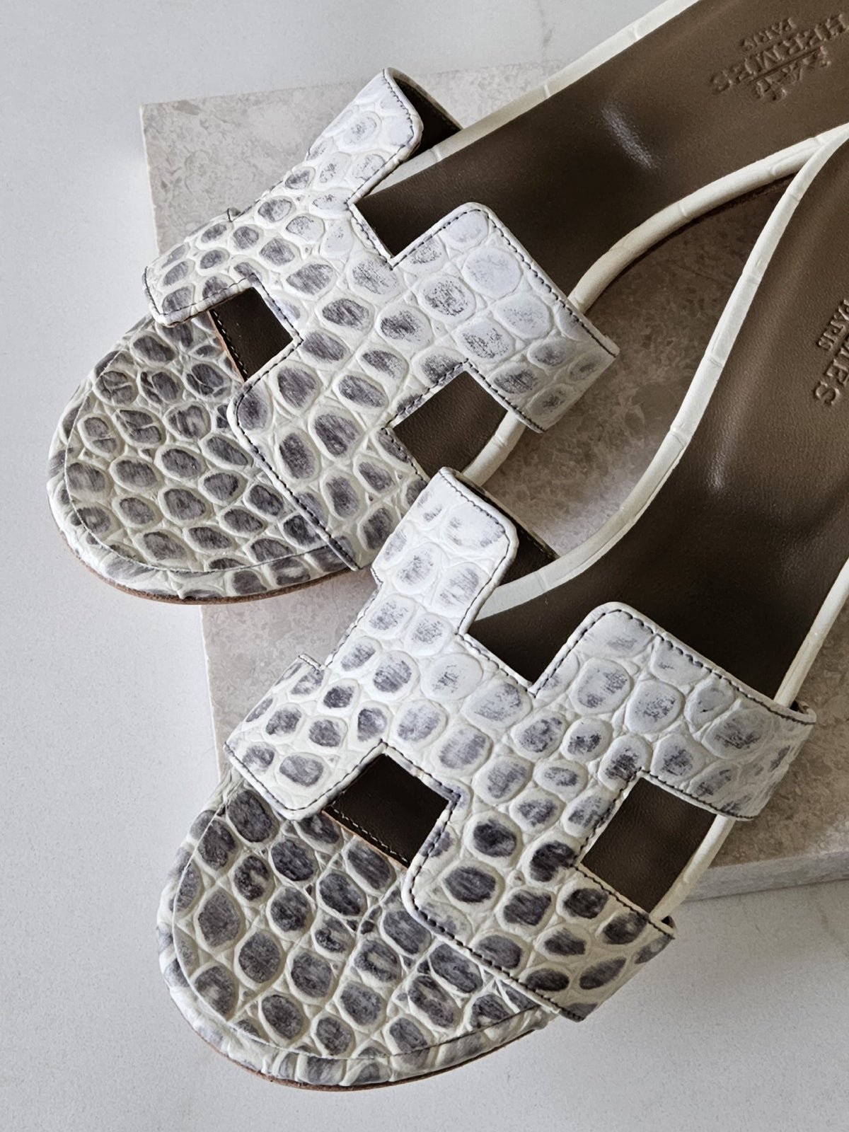 Hermes H-Strap Block Heels - White & Grey Snake Print
