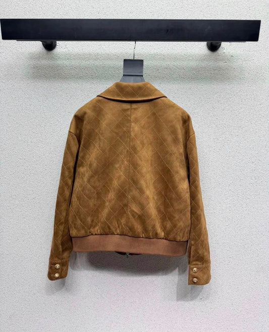 Chanel Quilted Rib-Hem Bomber Jacket - Brown
