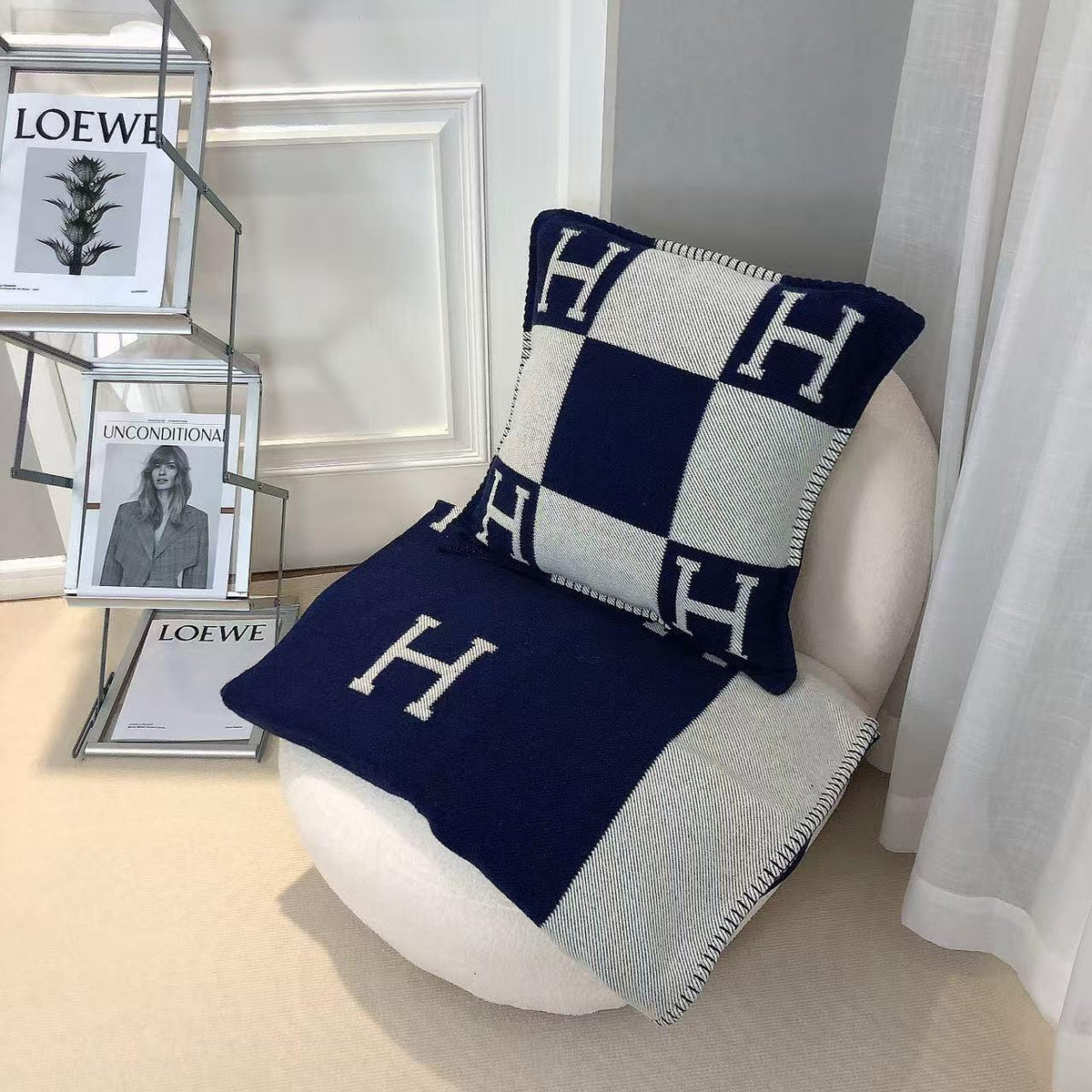 Hermes H-Check Shawl - Navy