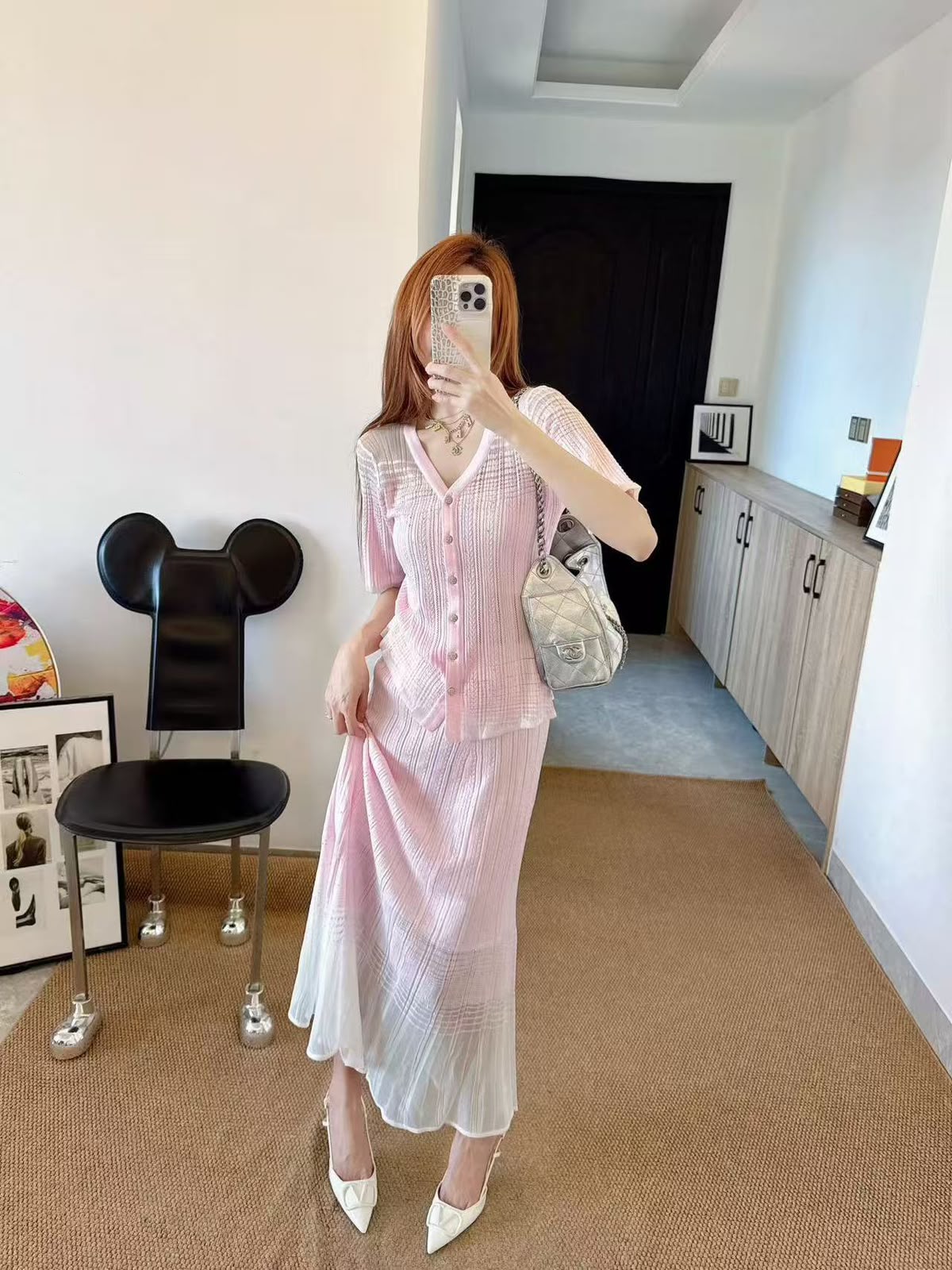 Chanel V-Neck Button-Front Set - Pink