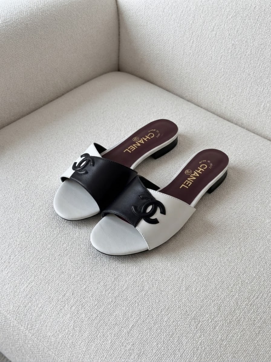 Chanel Flat Slide Slippers - White & Black