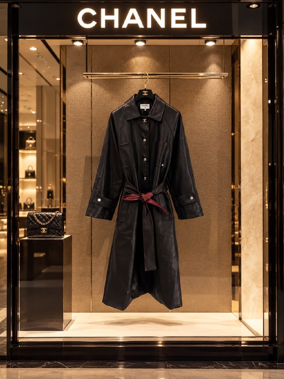 Chanel Belted Leather Trench Coat - Black