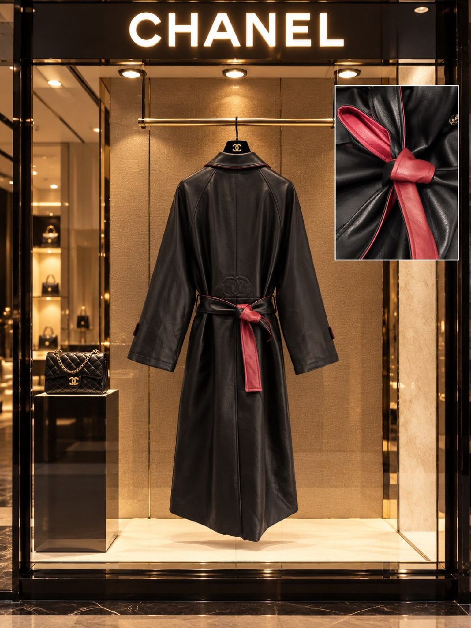 Chanel Belted Leather Trench Coat - Black