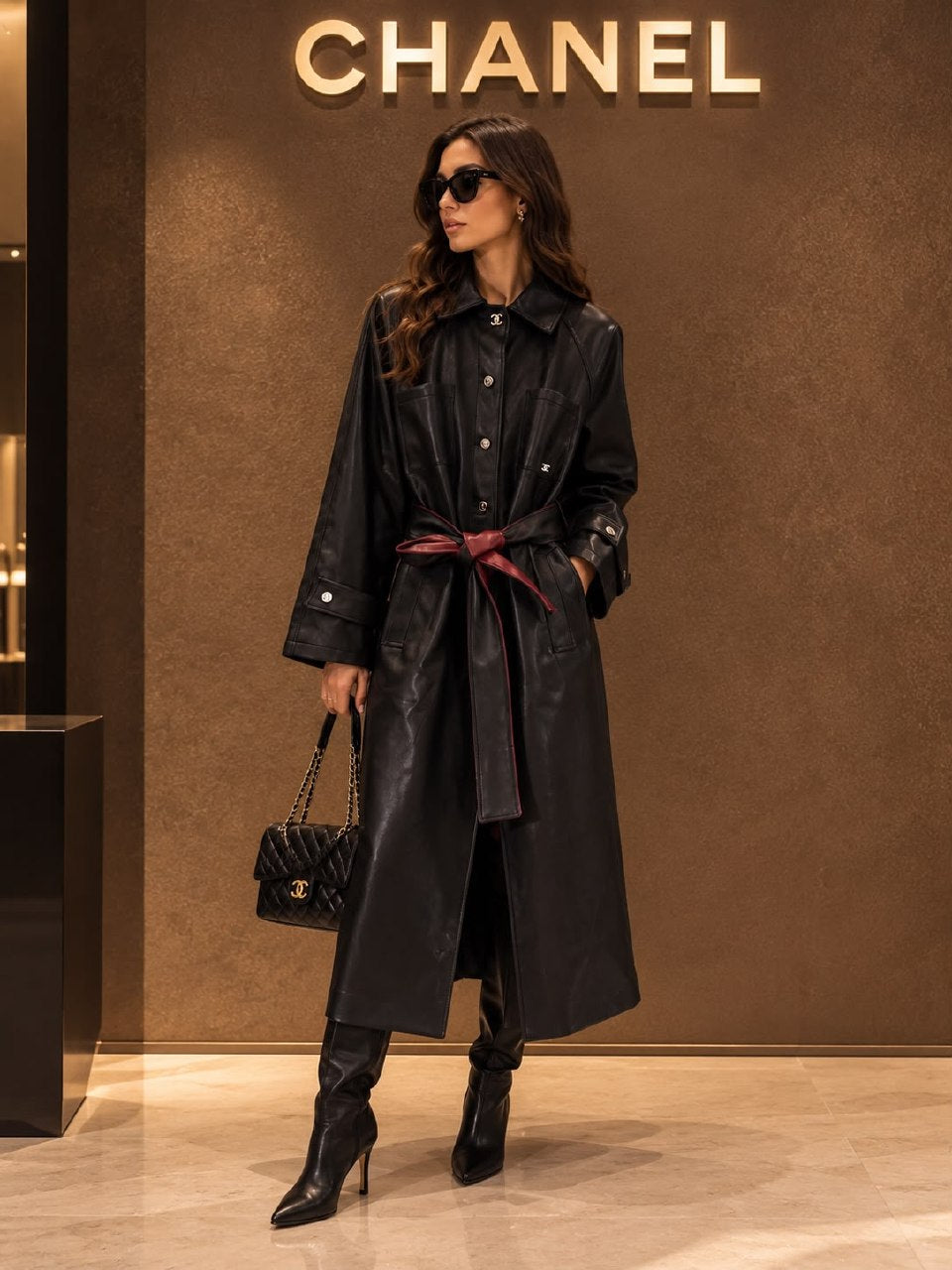 Chanel Belted Leather Trench Coat - Black