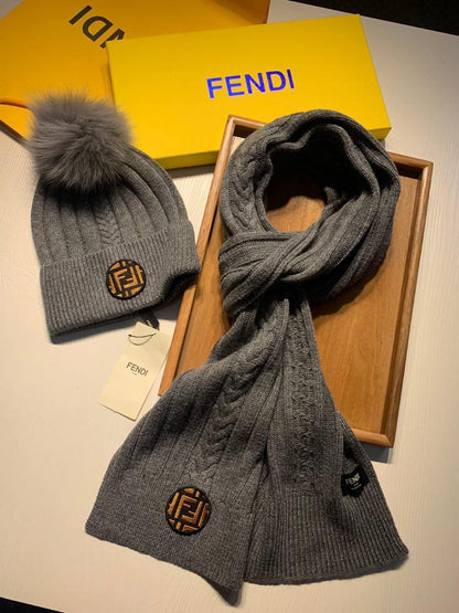 Fendi Scarf & Beanie Cable Knit - Dark Grey