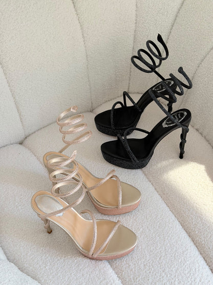 Rene Caovilla Spiral Strap Heels - Beige, Black