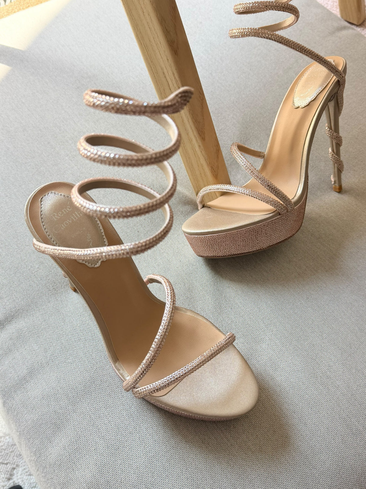 Rene Caovilla Spiral Strap Heels - Beige, Black
