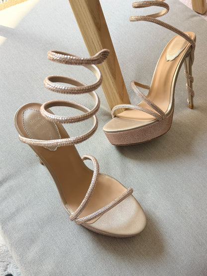 Rene Caovilla Spiral Strap Heels - Beige, Black