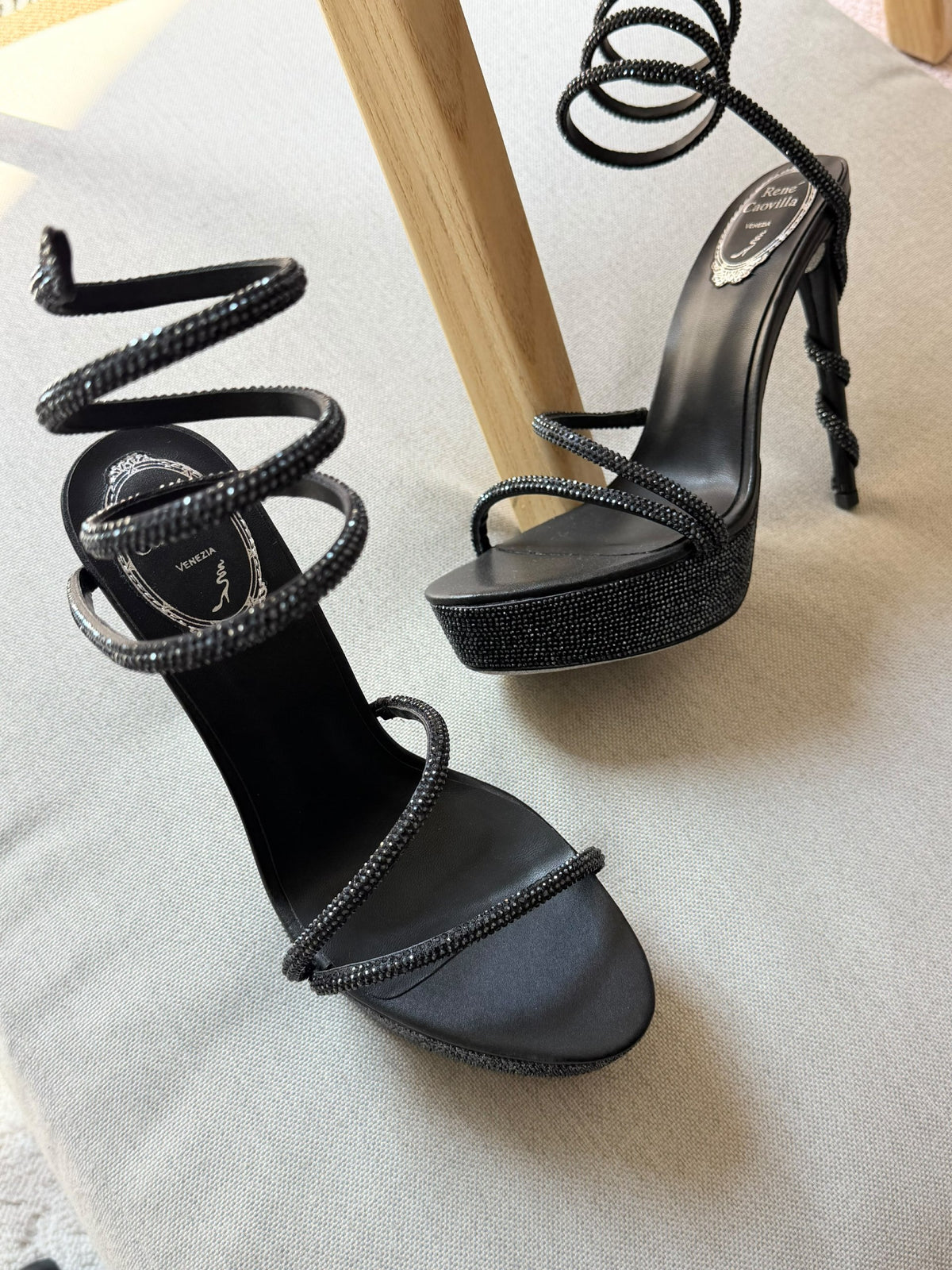 Rene Caovilla Spiral Strap Heels - Beige, Black